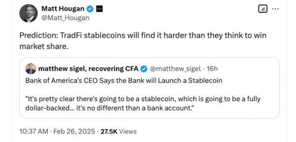 Стейблкоины от банков могут не выдержать конкуренции: мнение Bitwise